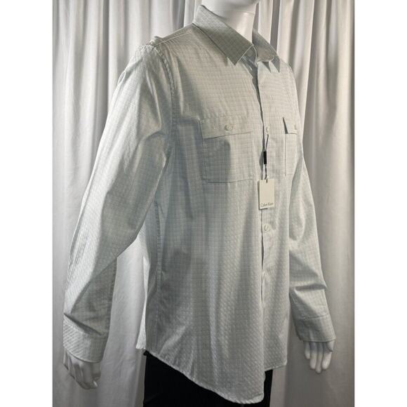 Calvin Klein NWT Plaid Cotton Flap Pocket Shirt White Blue L sustainable 77-16 - Picture 2 of 14